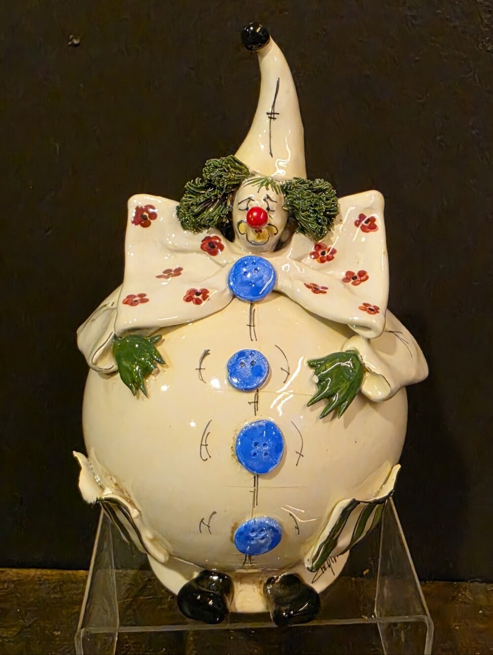 Vintage Zampiva Italy Signed Porcelain Clown Coin Bank Large Spaghetti Hair